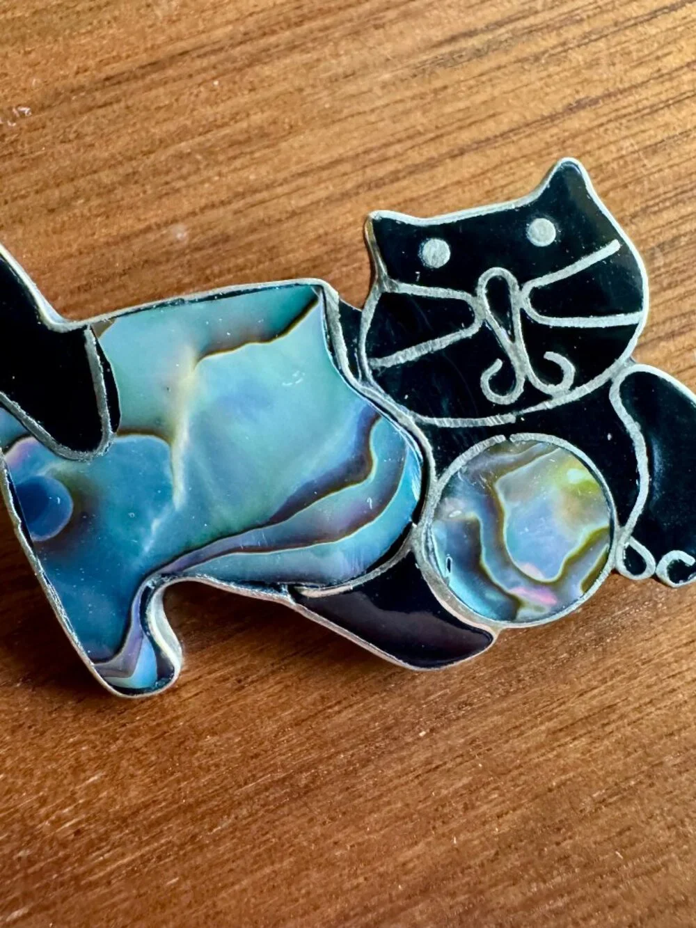Vintage ALPACA MEXICO Silver Cat Brooch Pin with Black Enamel and Abalone Inlay